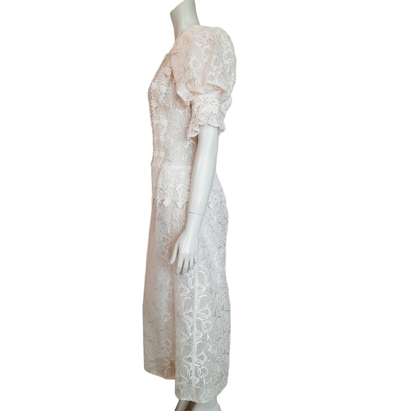 Vintage Early 90s Sheer Lace Dress size Small Puff Sleeve Drop Waist Unlined - Picture 7 of 9